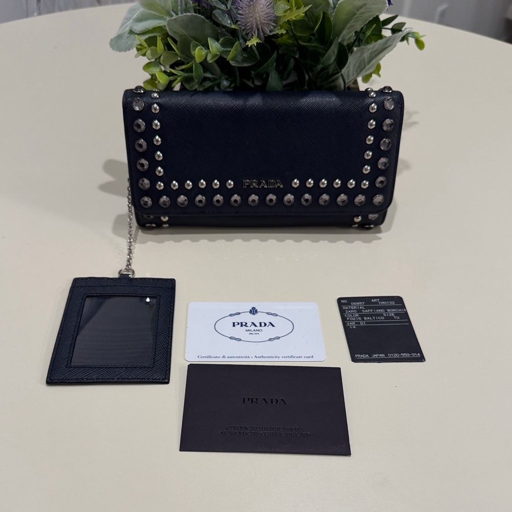 PRADA Logo Bifold Rhinestone studs Long Wallet Safiano leather